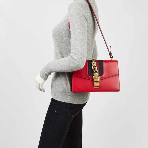 Gucci Red Calfskin Leather Small Sylvie Shoulder Bag - Picture 6 of 10